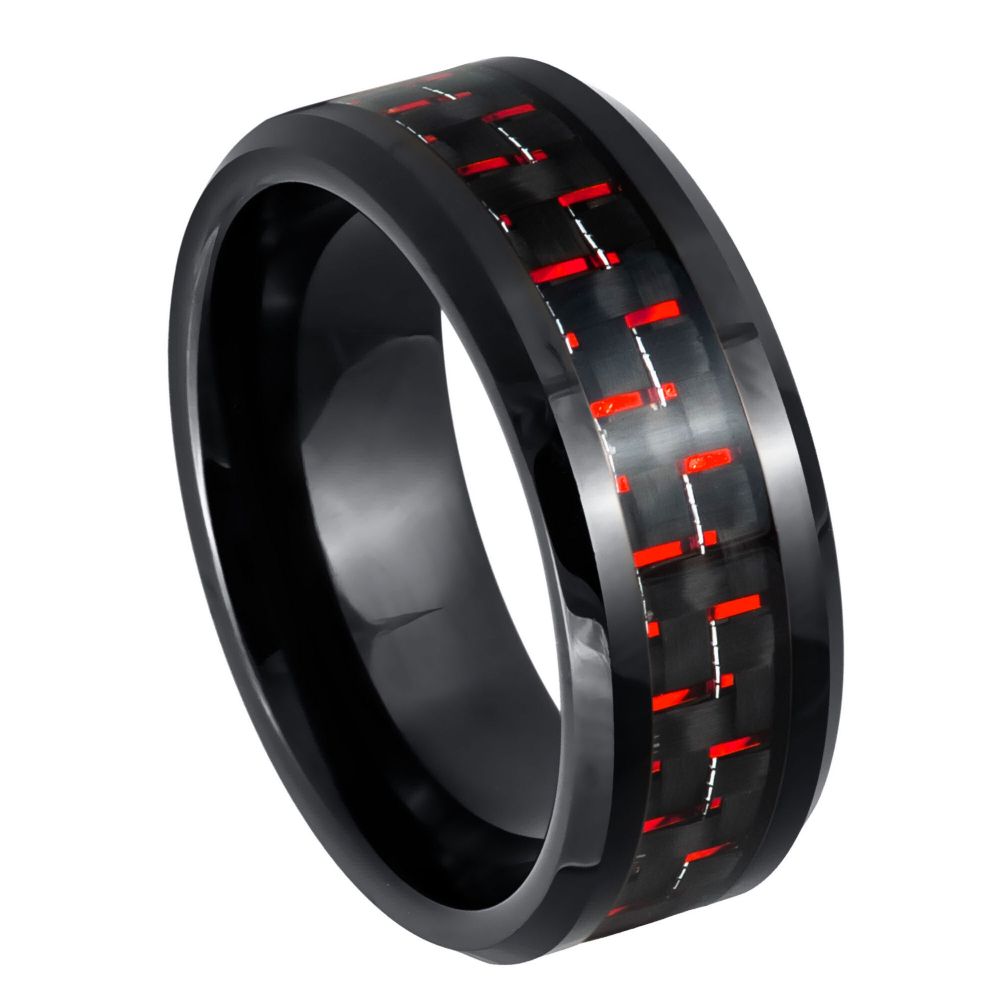 8mm Black IP Plated Ring with Red & Black Carbon Fiber Inlay