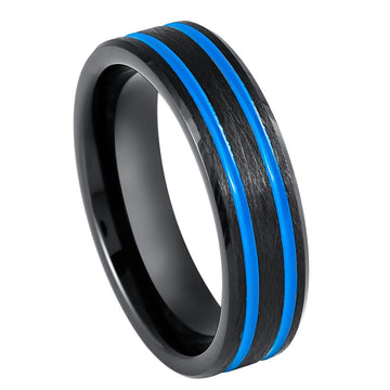 6mm Black IP Beveled Edge Ring with Blue IP Off-Center Grooves