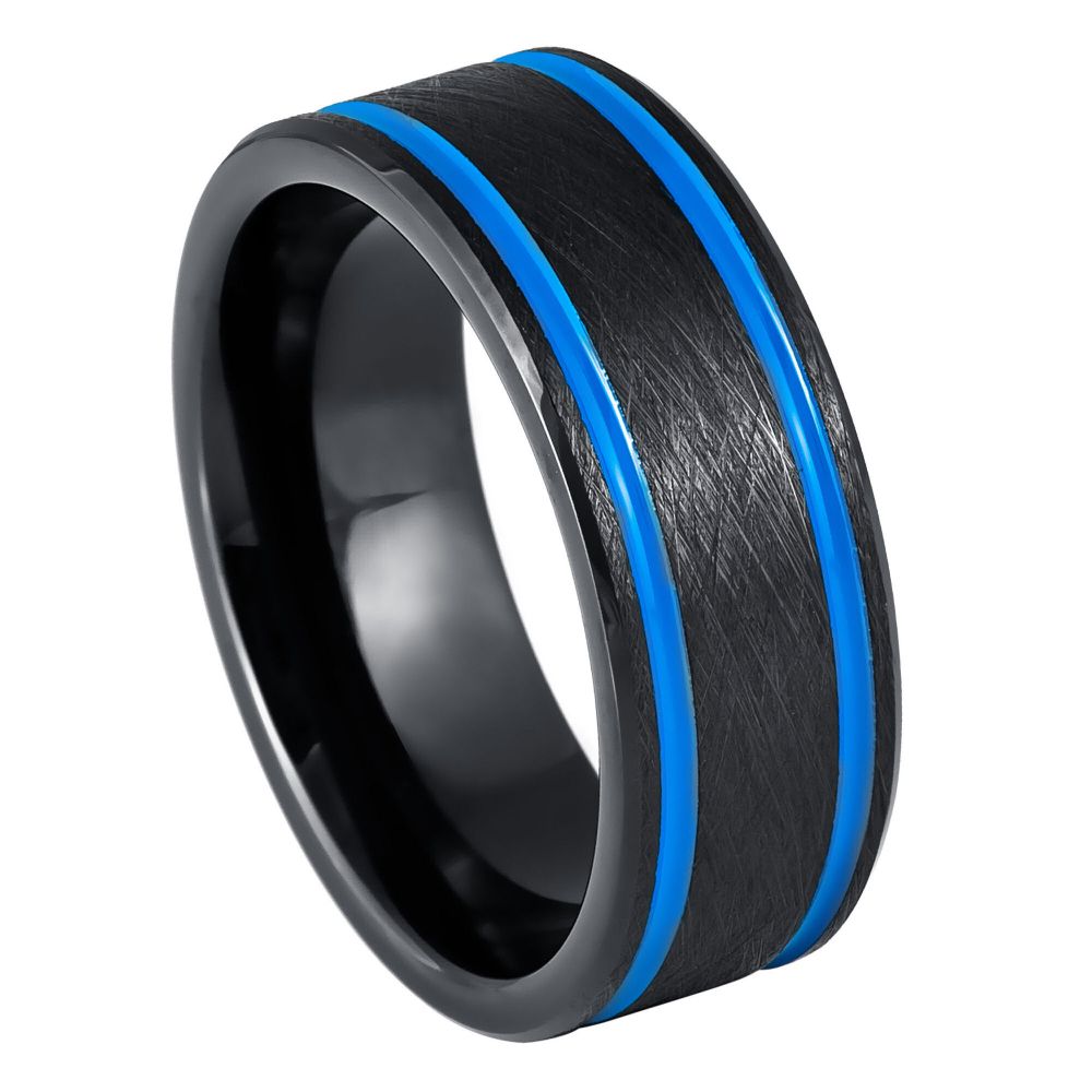 8mm Black IP Beveled Edge Ring with Blue IP Off-Center Grooves