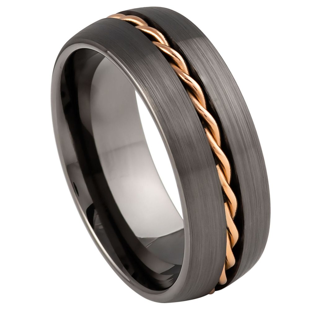8mm Dome Brushed Gun Metal Rose Gold Rope Inlay Ring