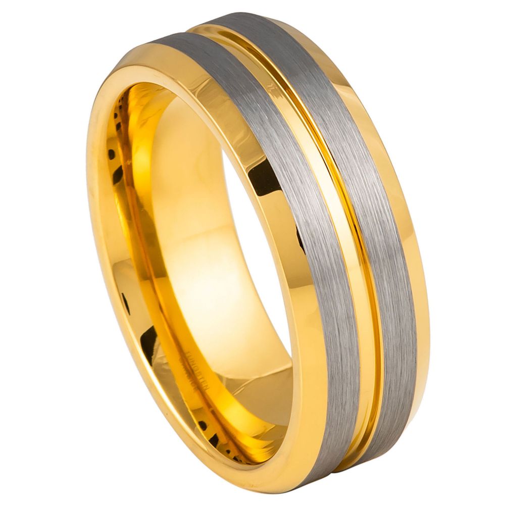 8mm Yellow Gold IP Plated Grooved Center Beveled Edge Ring