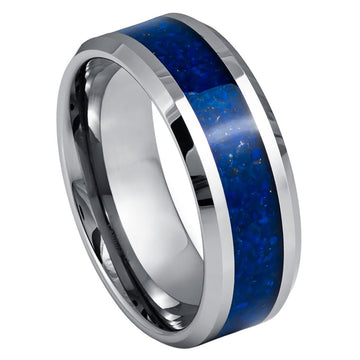 8mm Beveled Edge Lapis Lazuli Inlay Ring - Deep Blue Gemstone Band