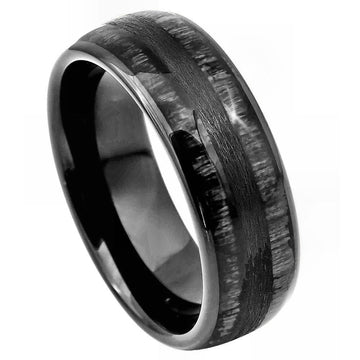 8mm Domed Black IP Plated Ring with Charcoal Wood Inlay