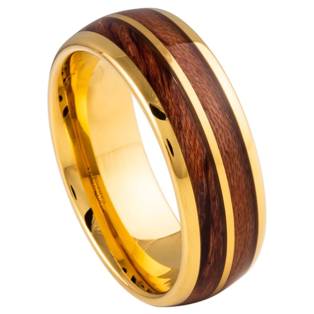 Yellow Gold IP Plated Split Koa Wood Inlay Ring – 8mm