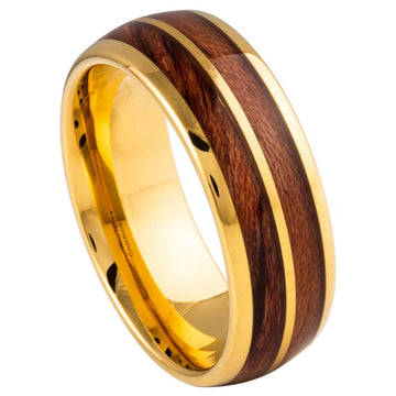 Yellow Gold IP Plated Split Koa Wood Inlay Ring – 8mm