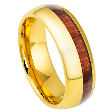 Yellow Gold IP Plated Ring with Koa Wood Inlay - 8mm