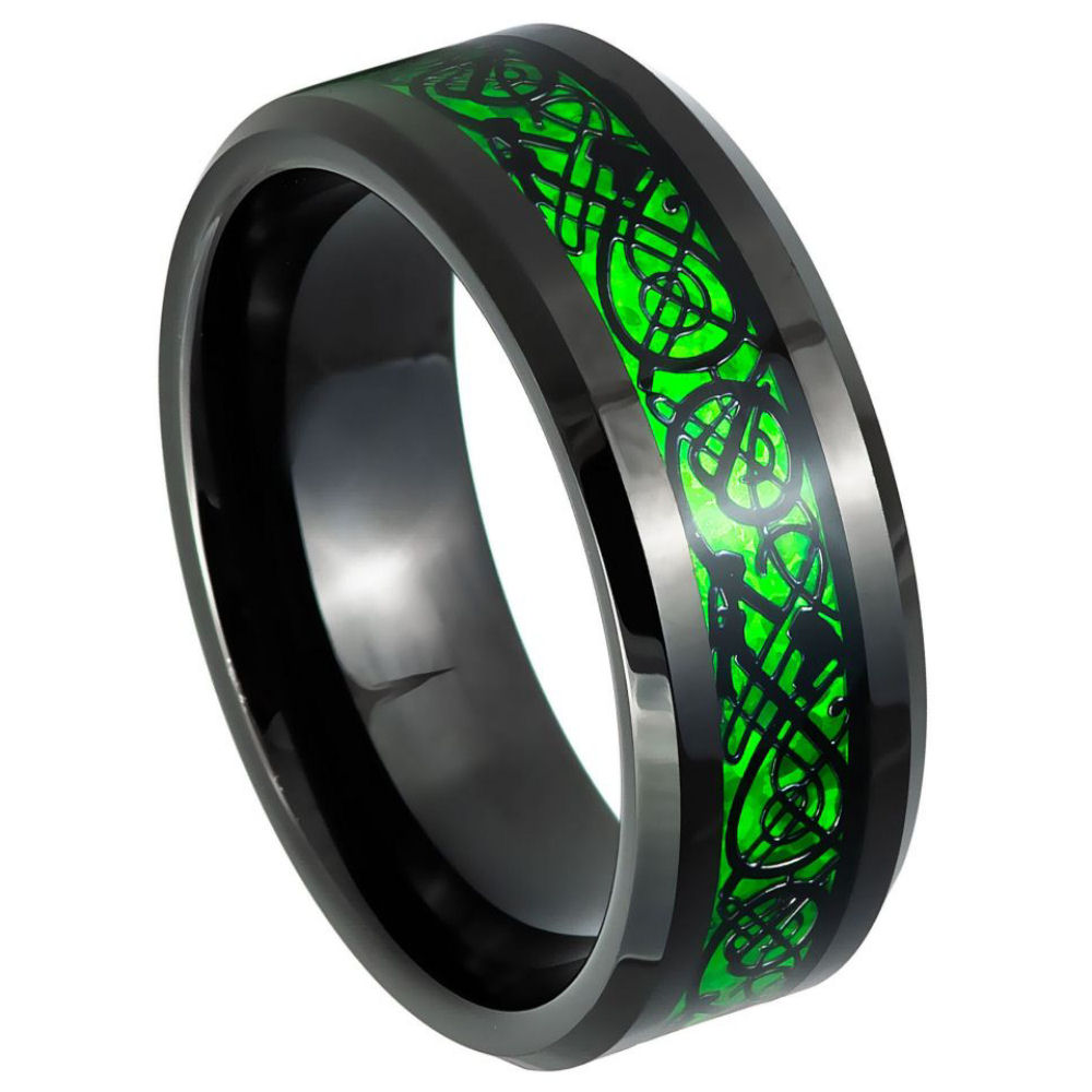 Men's 8mm Black IP Coated Ring with Green Celtic Dragon Inlay