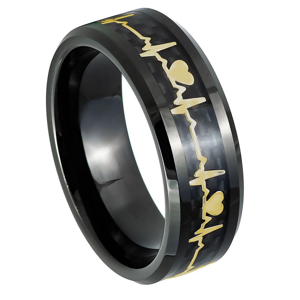 8mm EKG Heartbeat Cut-Out Inlay Ring - Black & Yellow IP Plating