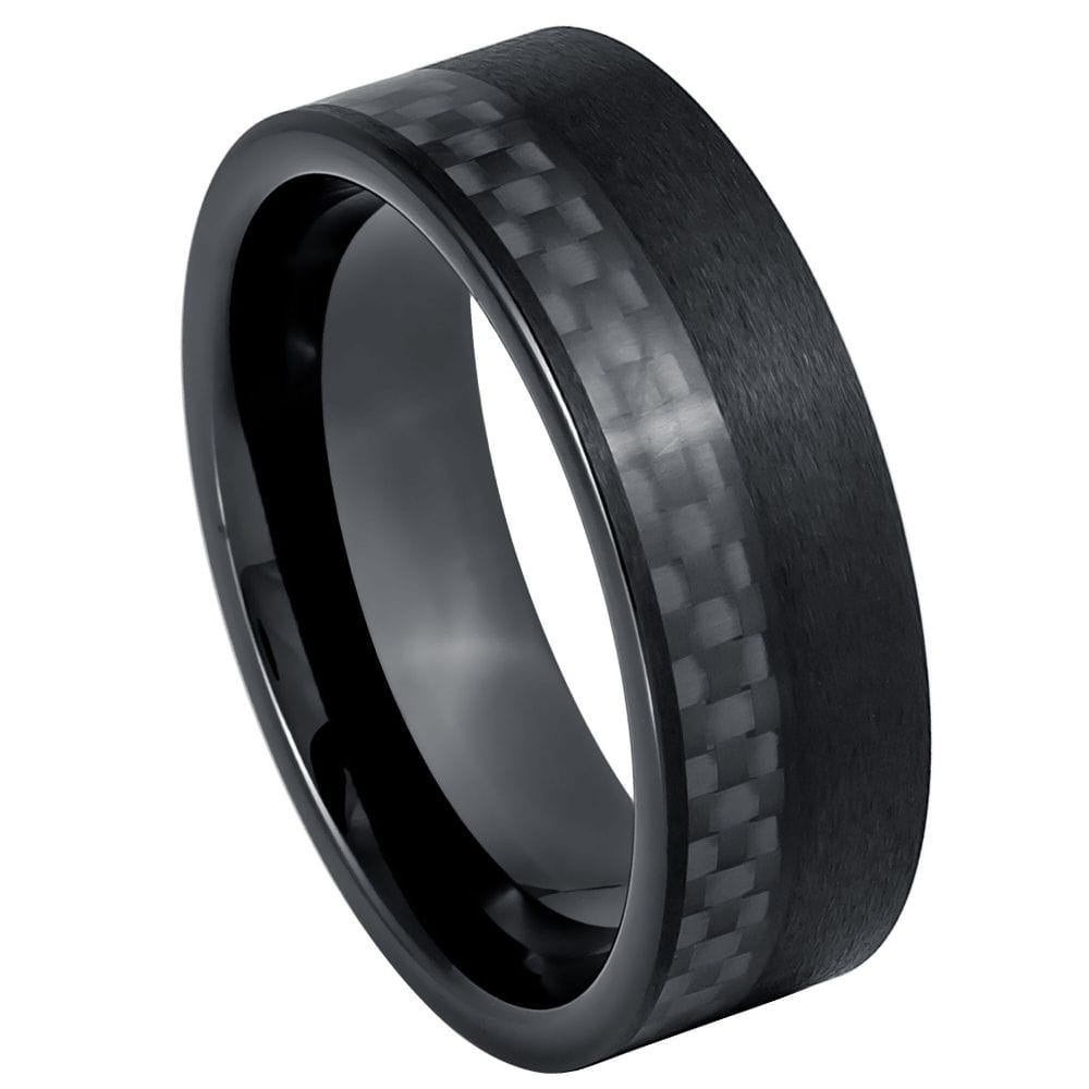 Black Carbon Fiber Inlay Ring - 8mm Black IP Plated Band