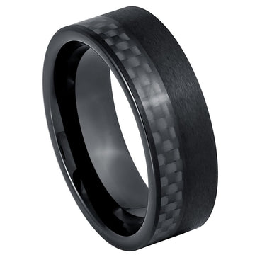 Black Carbon Fiber Inlay Ring - 8mm Black IP Plated Band