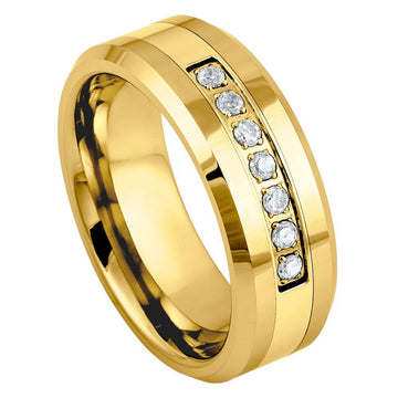 Yellow Gold Shiny IP Plated 8mm Ring with 7 White CZ Stones