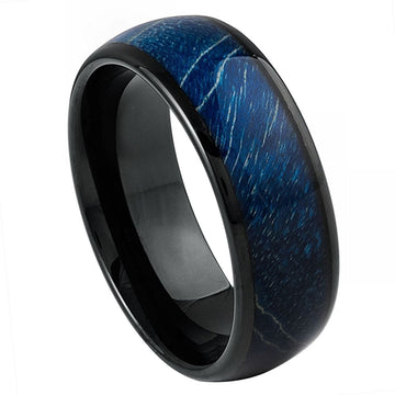 Black IP Domed Ring with Azure Stabilized Wood Resin Inlay, 8mm