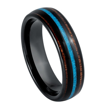 Black IP Plated Koa Wood & Crushed Turquoise Inlay Ring – 6mm