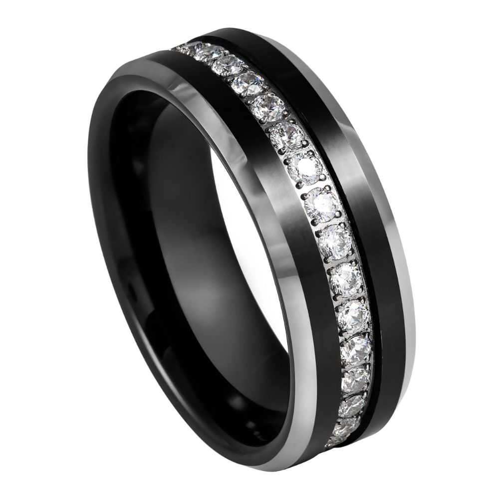 Black IP Plated White CZ Eternity Beveled Edge Ring – 8mm