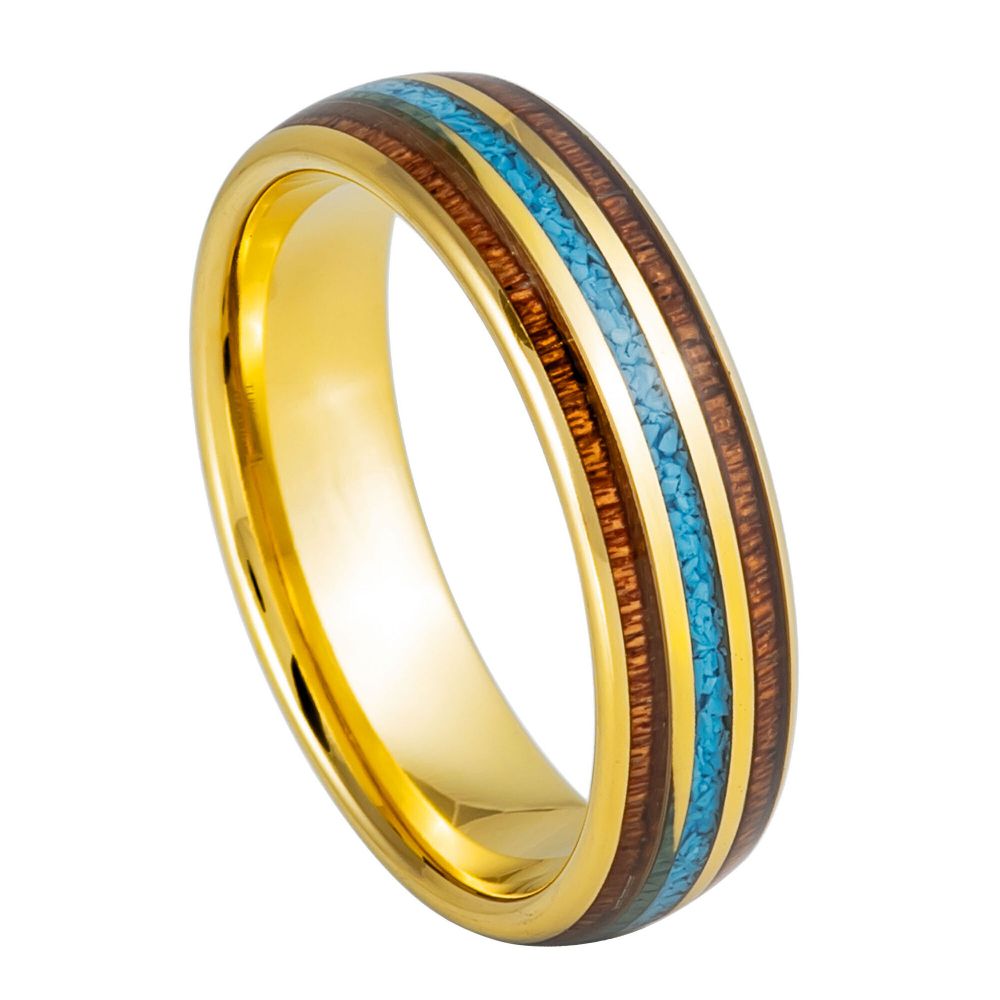 6mm Yellow IP Plated Ring with Rosewood & Crushed Turquoise Inlay