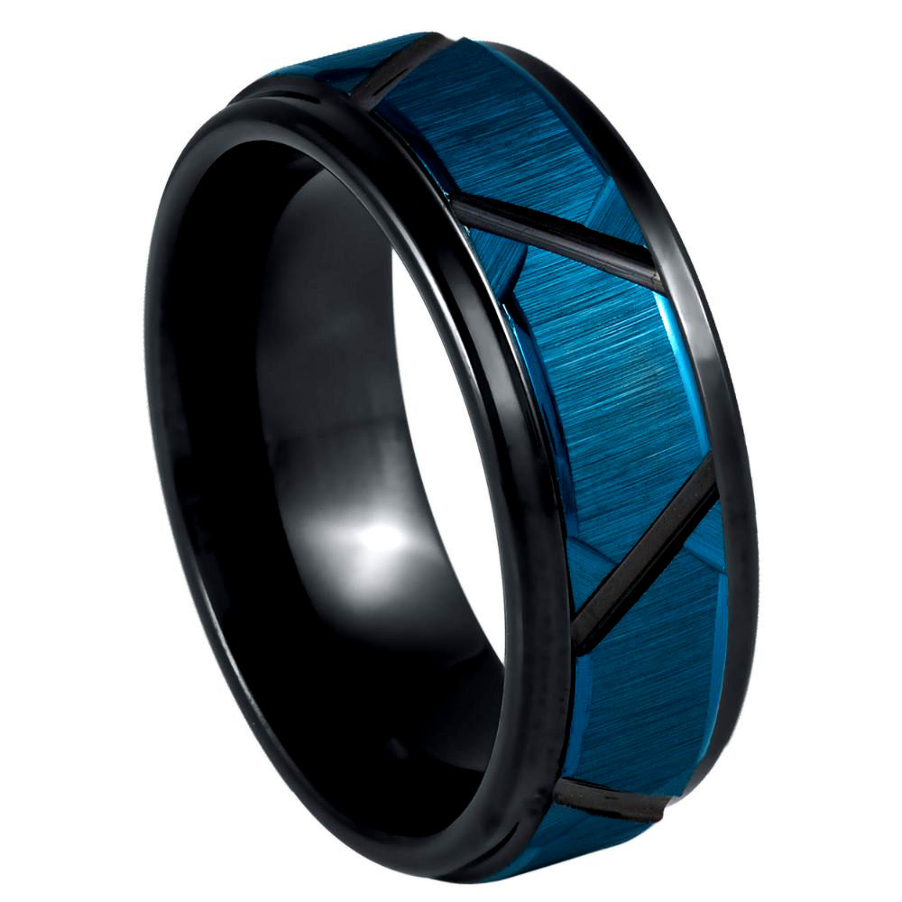 Blue & Black IP Plated Trapezoids Stepped Edge Ring - 8mm
