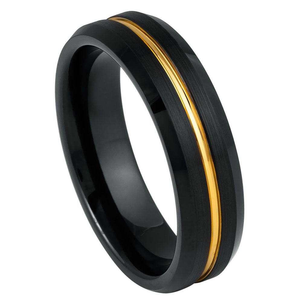 Black IP Plated Yellow Gold Grooved Center Beveled Edge Ring – 6mm