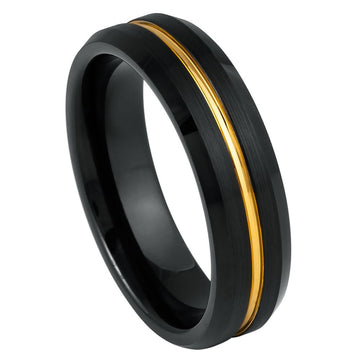 Black IP Plated Yellow Gold Grooved Center Beveled Edge Ring – 6mm