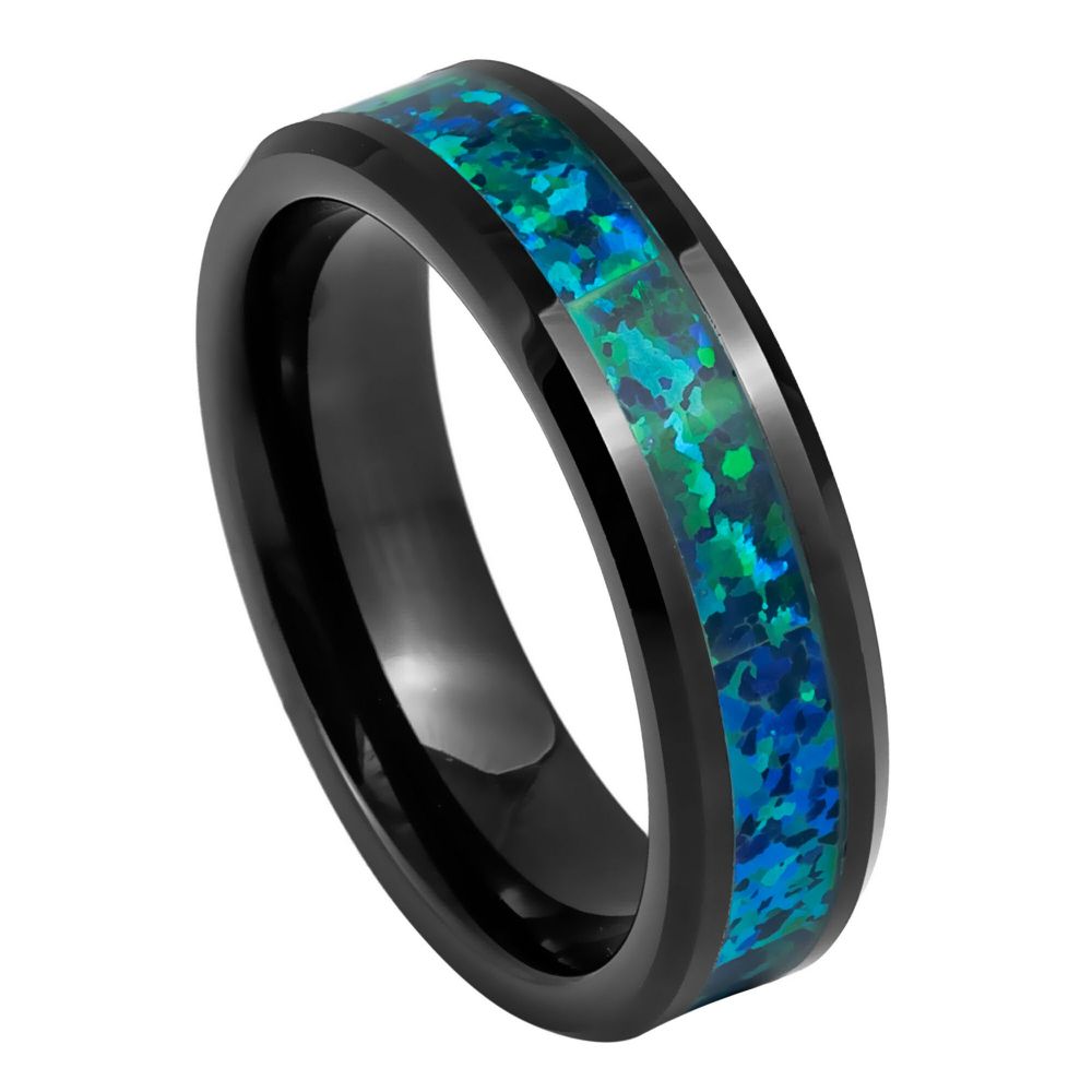 Black IP Plated Synthetic Emerald-Green Opal Inlay Ring – 6mm
