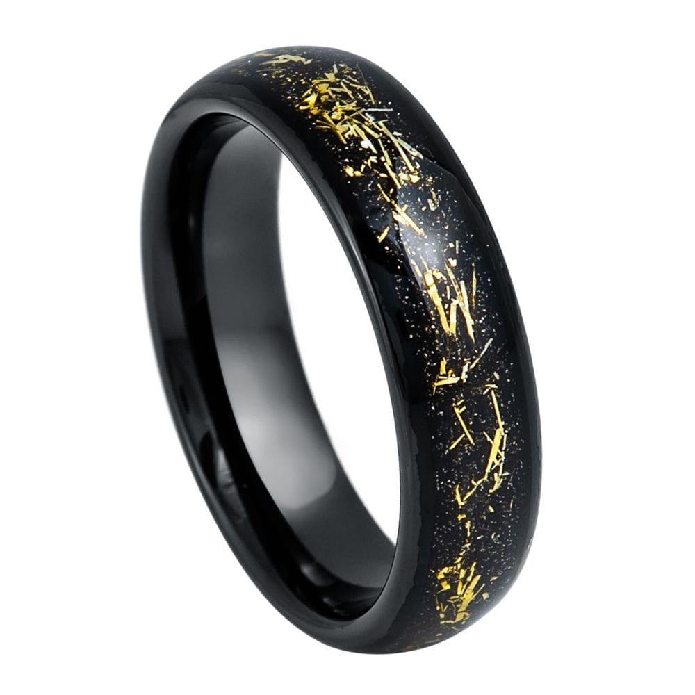 6mm Black IP Plated Ring with Imitation Yellow Meteorite Inlay