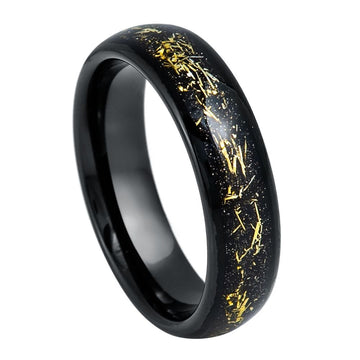 6mm Black IP Plated Ring with Imitation Yellow Meteorite Inlay