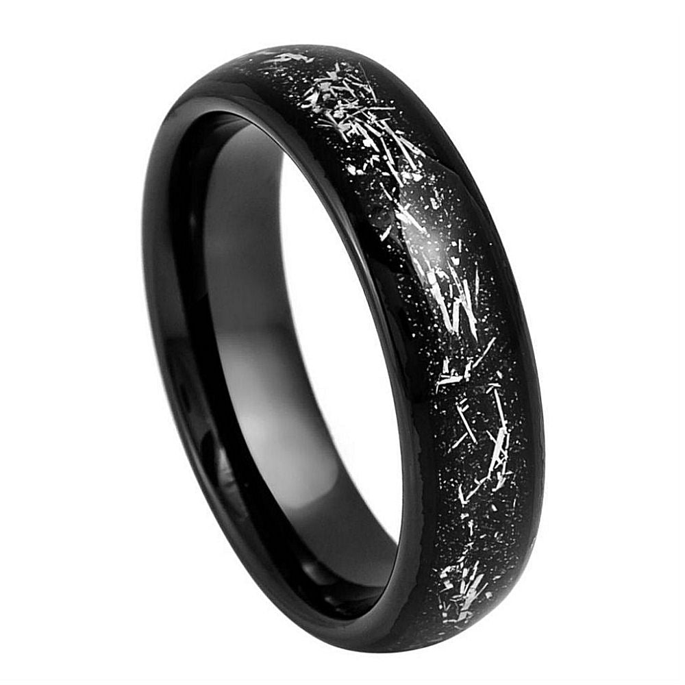 6mm Black IP Plated Ring with Imitation Black Meteorite Inlay