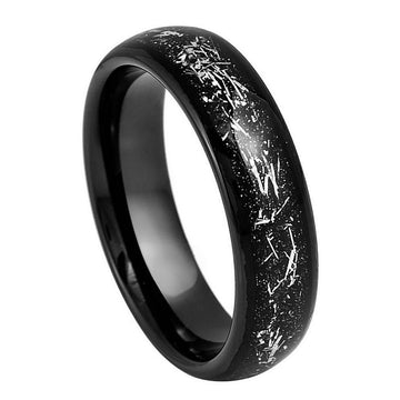 6mm Black IP Plated Ring with Imitation Black Meteorite Inlay