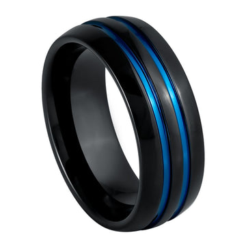Black IP Plated Domed Ring with 2 Blue IP Grooves, 8mm