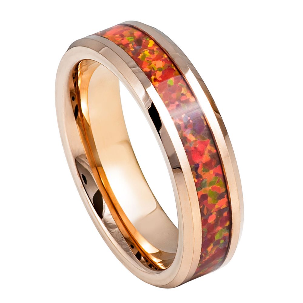 6mm Rose Gold IP Plated Ring with Synthetic Red Fire Opal Inlay