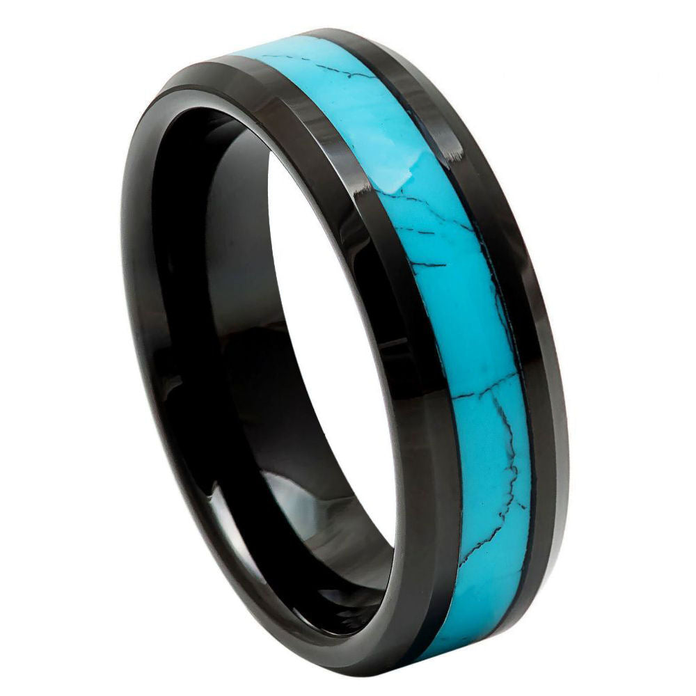 6mm Black IP Plated Ring with Blue Turquoise Inlay