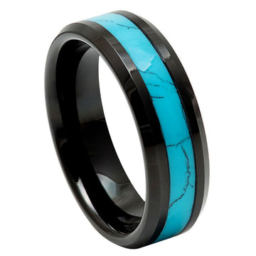 6mm Black IP Plated Ring with Blue Turquoise Inlay