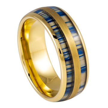 8mm Yellow Gold IP & Indigo Blue Dyed Bamboo Inlay Ring