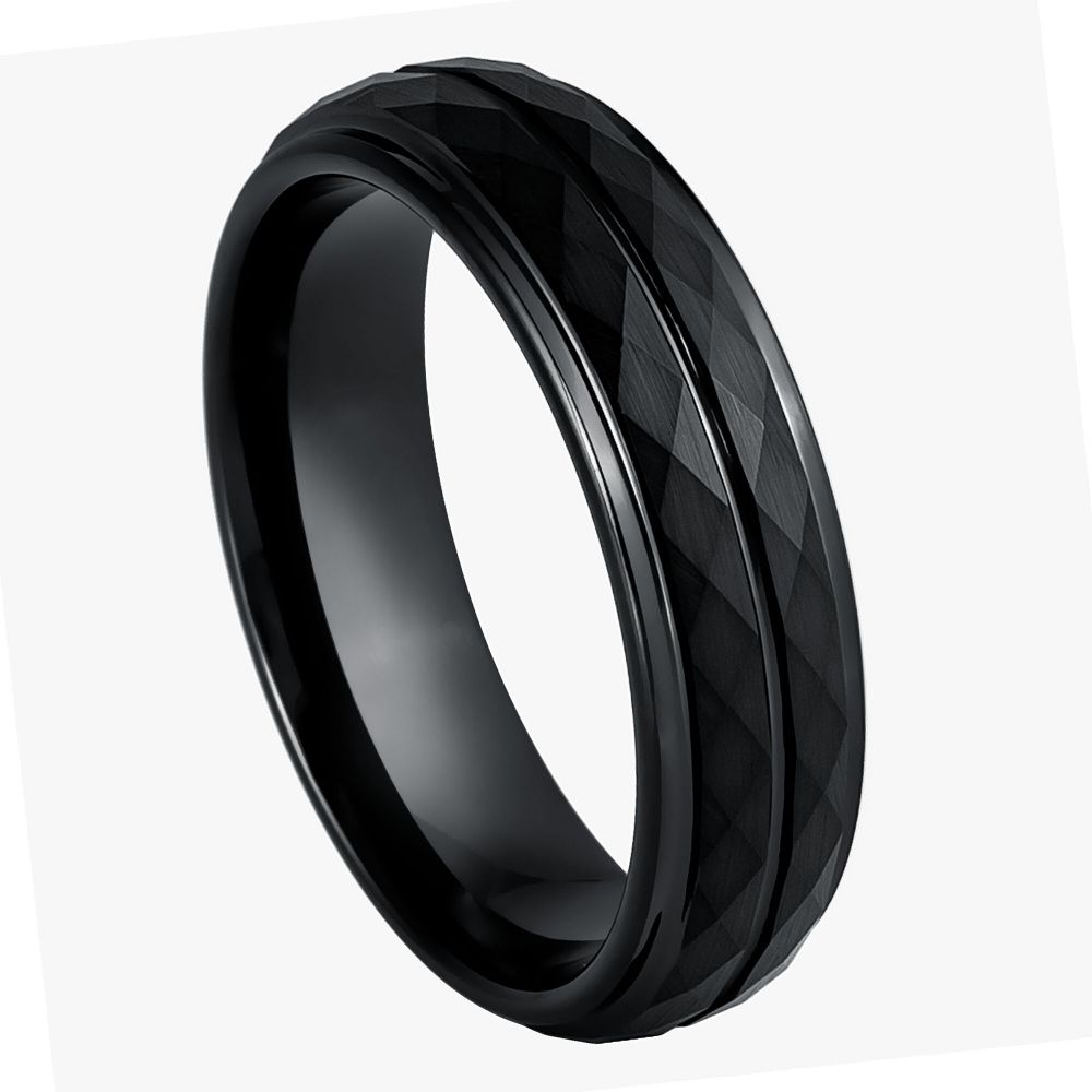 Black IP Faceted Finish Ring with Center Groove, 6mm