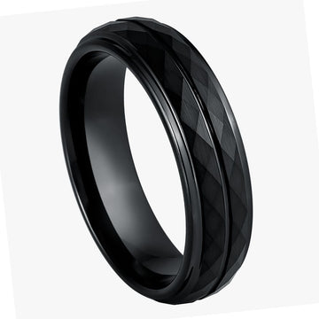 Black IP Faceted Finish Ring with Center Groove, 6mm