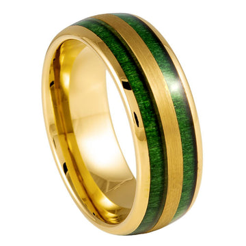 8mm Yellow Gold IP Ring with Green Jade Wood Inlay