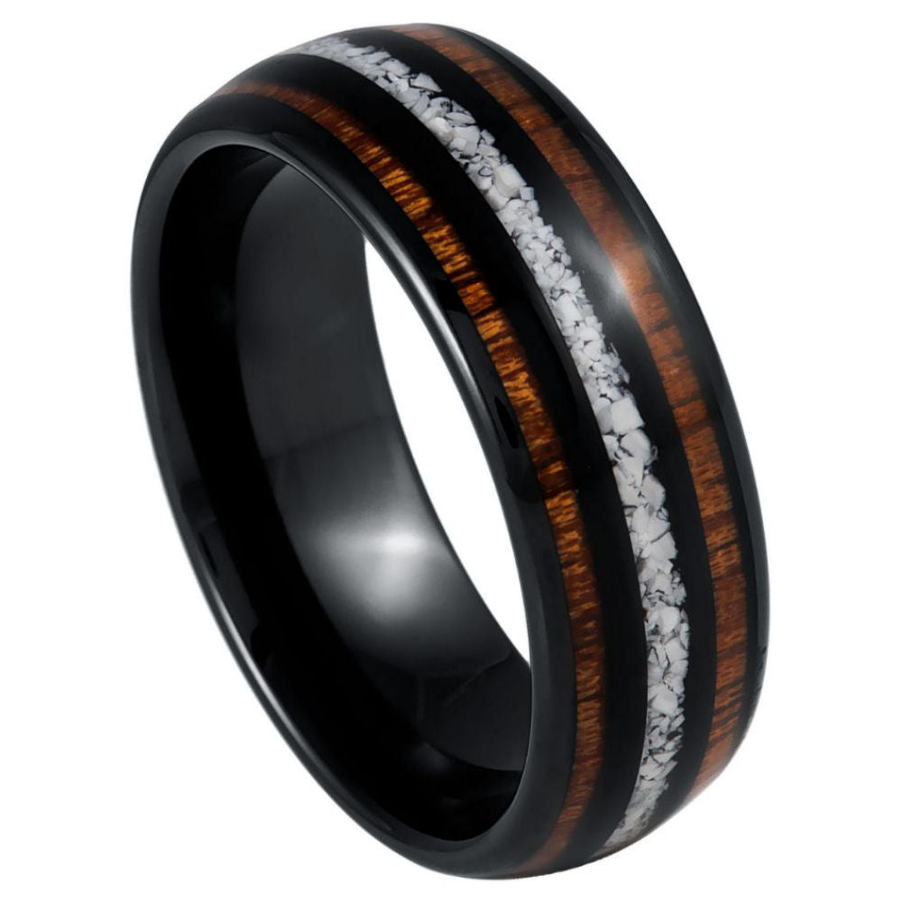 Black IP Plated Koa & Crushed White Turquoise Inlay Ring – 8mm
