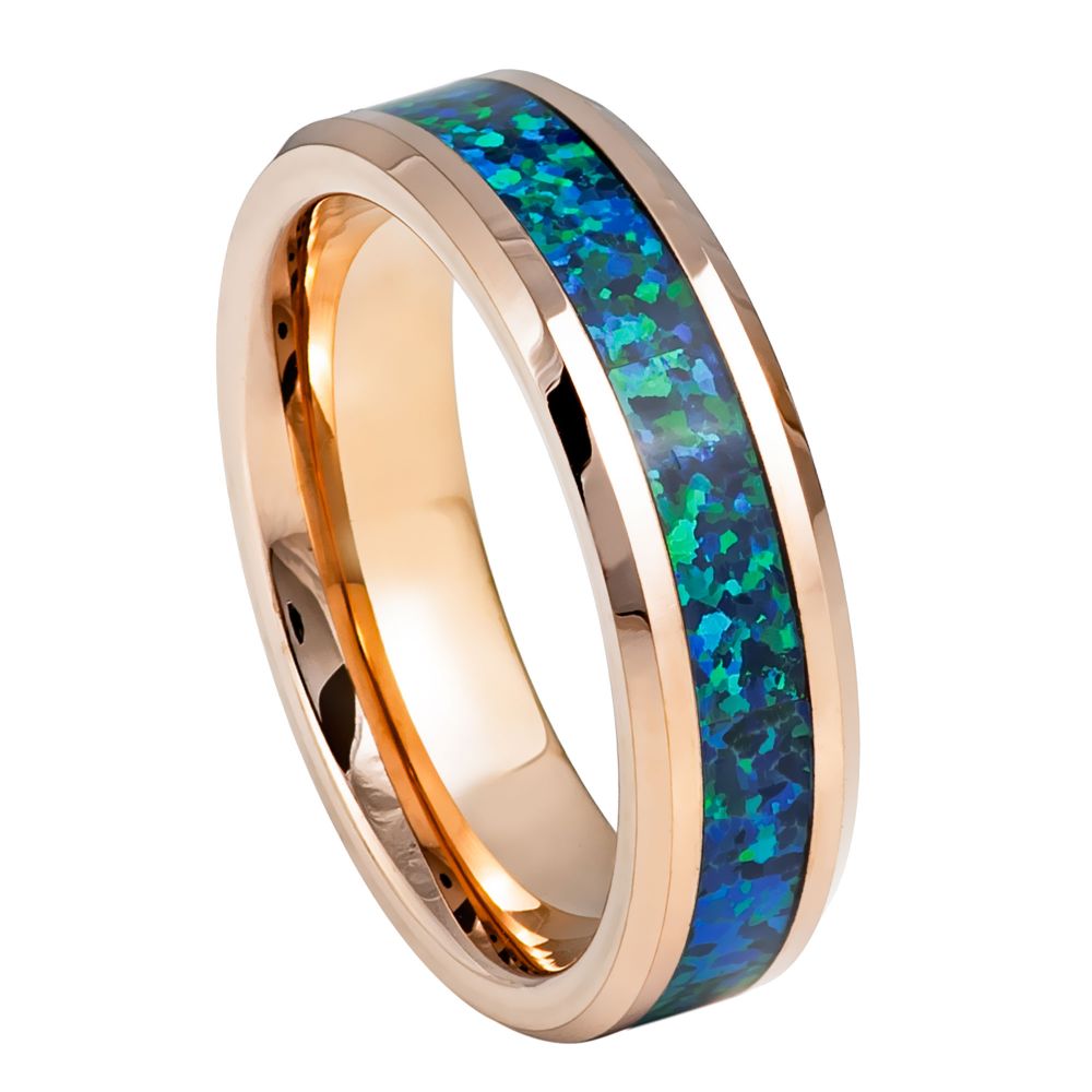 Rose Gold IP Plated Ring with Synthetic Emerald-Green Opal Inlay – 6mm