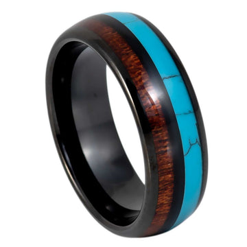 Black IP Plated Ring with Turquoise & Koa Inlay, 8mm