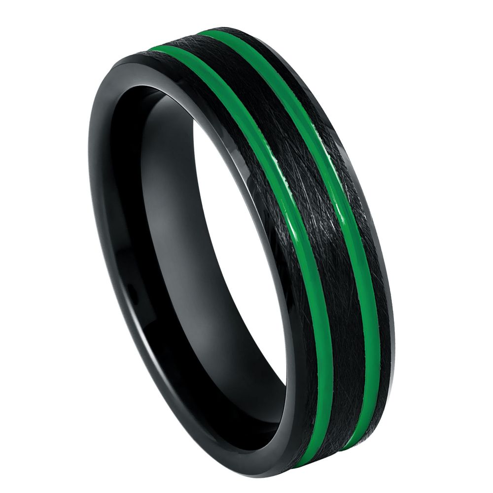 6mm Black IP Plated Ice Finish Ring with Two Green Lines