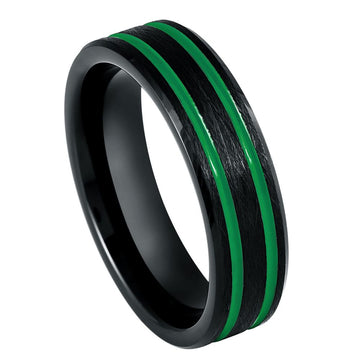 6mm Black IP Plated Ice Finish Ring with Two Green Lines