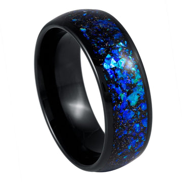 8mm Dome Ring with Black IP, Blue Synthetic Opal & Abalone Fragments