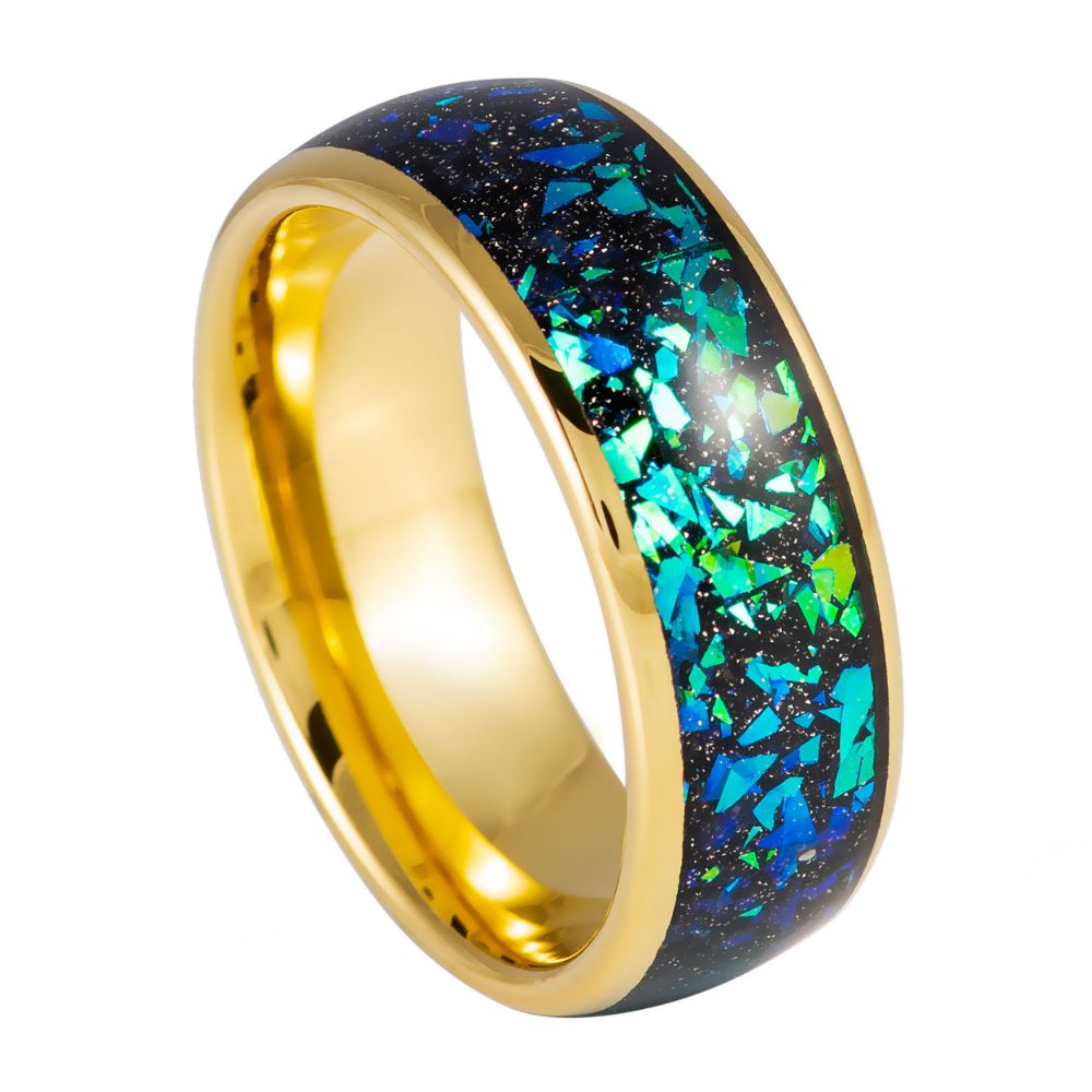 8mm Dome Ring with Yellow IP, Green Synthetic Opal & Abalone Fragments