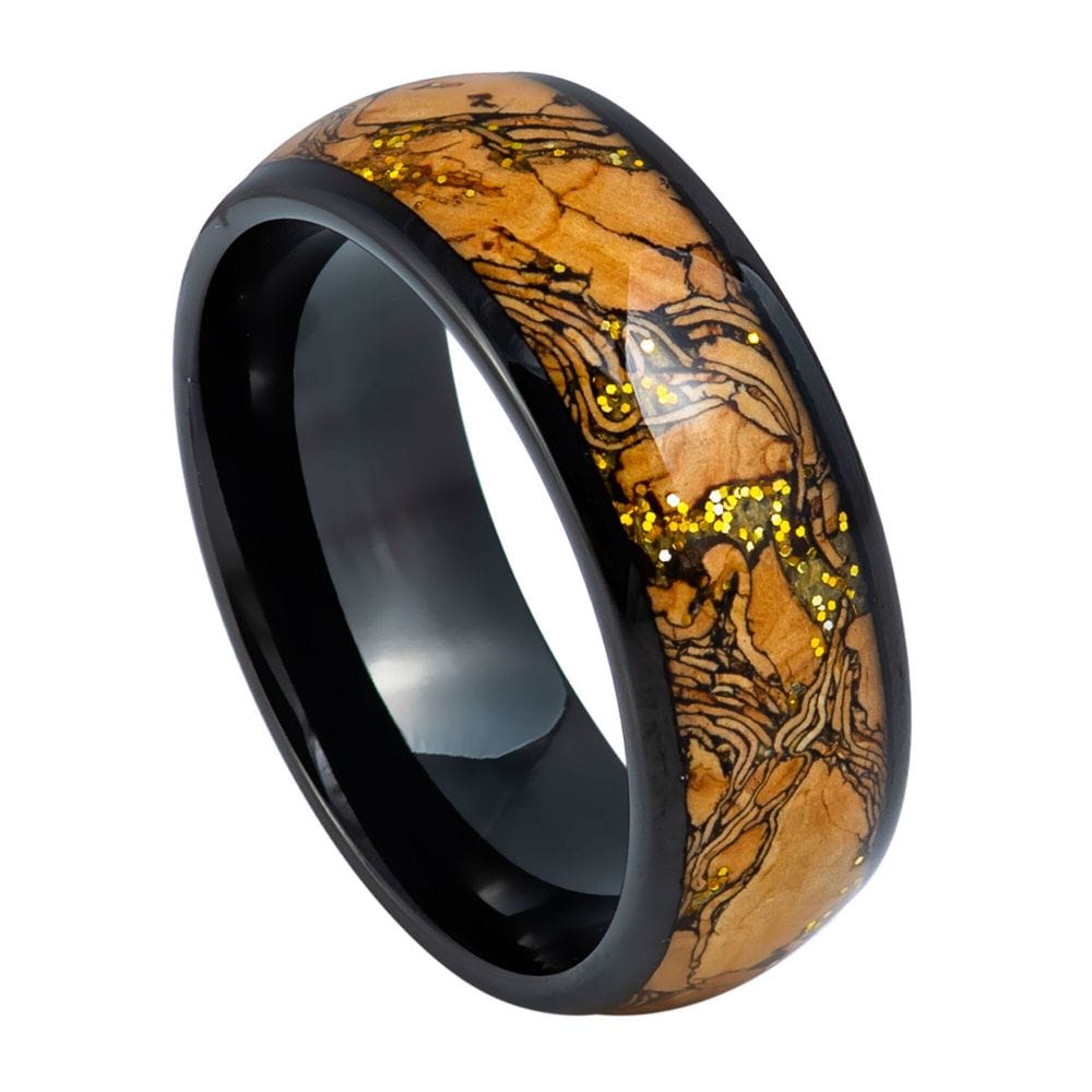 8mm Dome Black IP Plated Ring with Cork and Gold Glitter Inlay