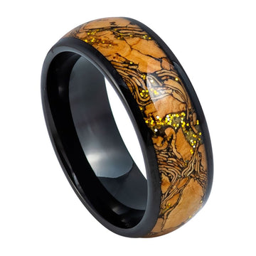 8mm Dome Black IP Plated Ring with Cork and Gold Glitter Inlay