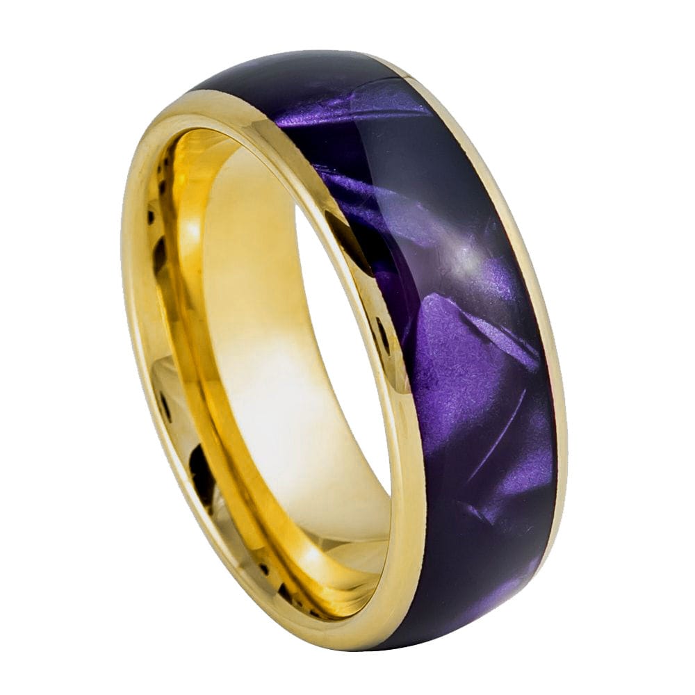 Yellow Gold IP Plated Ring with Imitation Purple Cowrie Inlay, 8mm