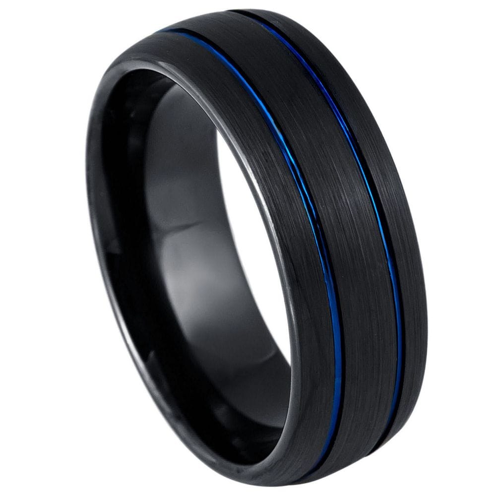 8mm Dome Black IP Tungsten Ring with Two Blue IP Grooves