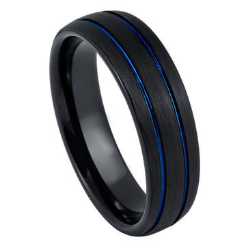 6mm Dome Black IP Tungsten Ring with Two Blue IP Grooves