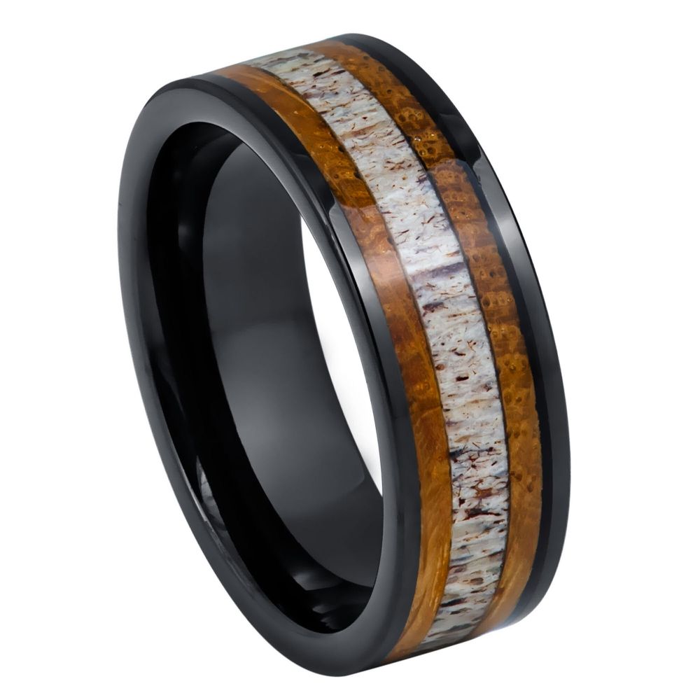 Black IP Plated Whiskey Barrel & Deer Antler Inlay Ring – 8mm
