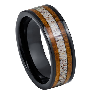 Black IP Plated Whiskey Barrel & Deer Antler Inlay Ring – 8mm