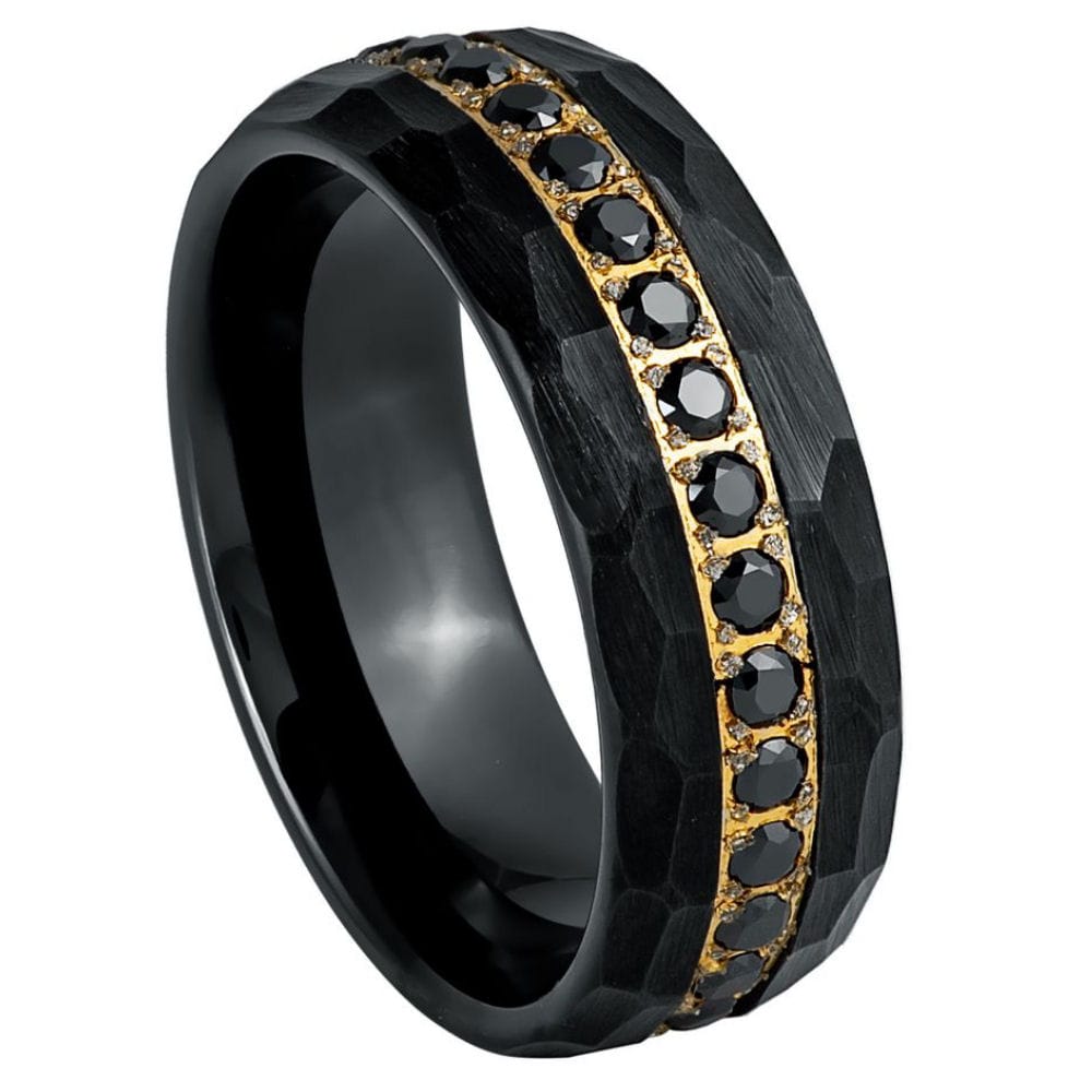 Black & Yellow Gold IP Plated Prong-Set Black CZ Eternity Ring – 8mm